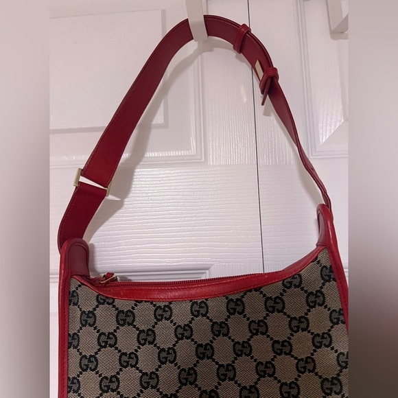 GUCCI Web 1955 Horsebit Shoulder Bag Red Leather Ebony GG  Gucci Vintage GG Monogram Canvas and Red Leather Shoulder Bag